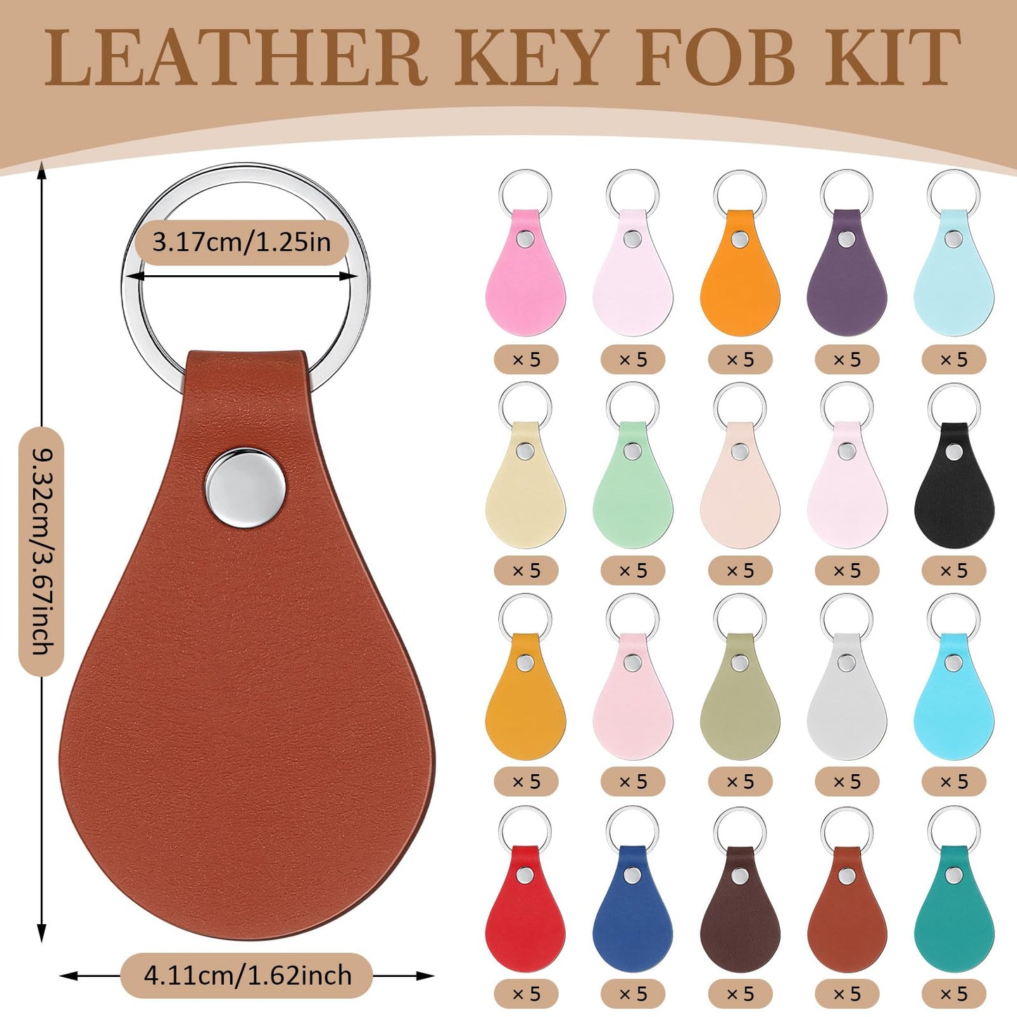 Sasylvia 100 Pcs Leather Key Fob Kit Leather Keychain Blanks with Rivets and Key Rings for Laser Engraving DIY Making Leather(Multicolored)