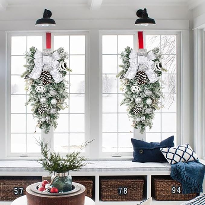 30" Christmas Teardrop Swag for Front Door Artificial Winter Swag Garland with Pine Cones, Berry Clusters, White Ball Ornaments and Ribbons for Thanksgiving Holiday Christmas Decoration