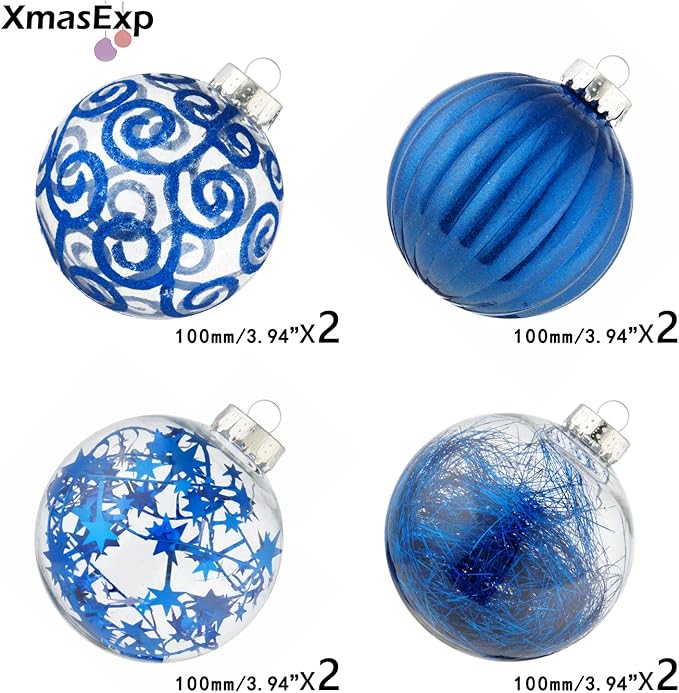 XmasExp 8ct Christmas Ball Ornaments Set -Large Clear Plastic Shatterproof Xmas Tree Ball Hanging Baubles Stuffed Delicate Glittering for Holiday Wedding Xmas Party Decoration (100mm/3.94",Blue)