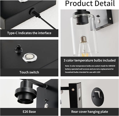 Dimmable Battery Operated Wall Sconce Set of 2 Black with 3-Color Temperature Bulb, 10000mAh Rechargeable Wireless Wall Sconces Set of Two with Remote Control Wall Light for Bedroom, Hallway