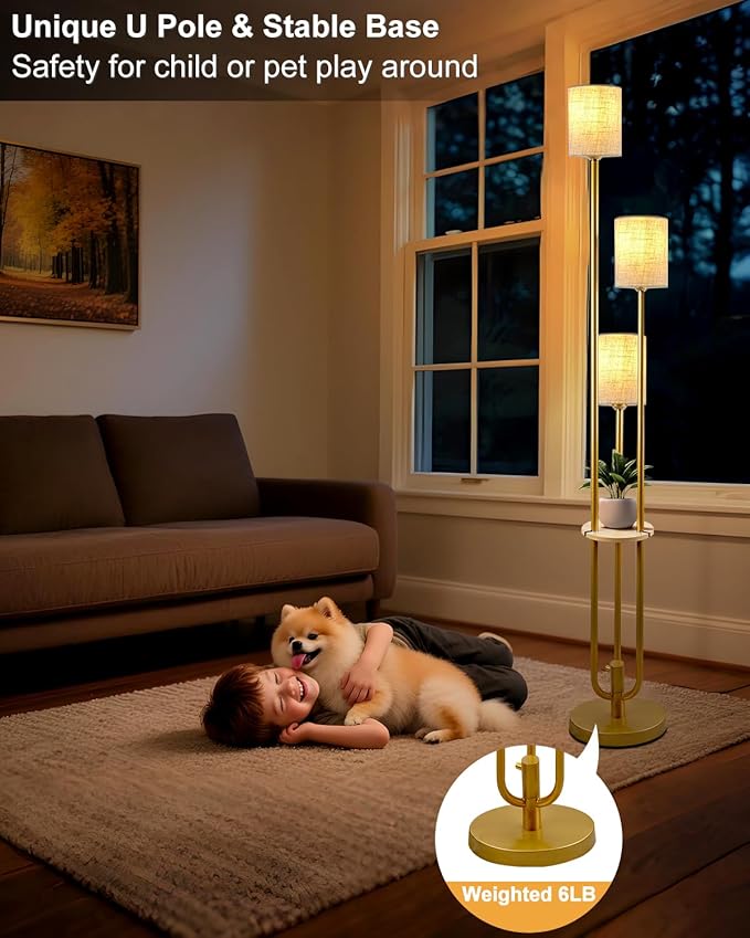 Lightdot 64Inch Floor Lamp with Table Dimmable Gold Floor Lamp for Living Room 3 Lights Candle Holder Style Mid Century Modern Tall Standing Lamp with Fabric Shade for Bedroom Corner(Bulbs Included)