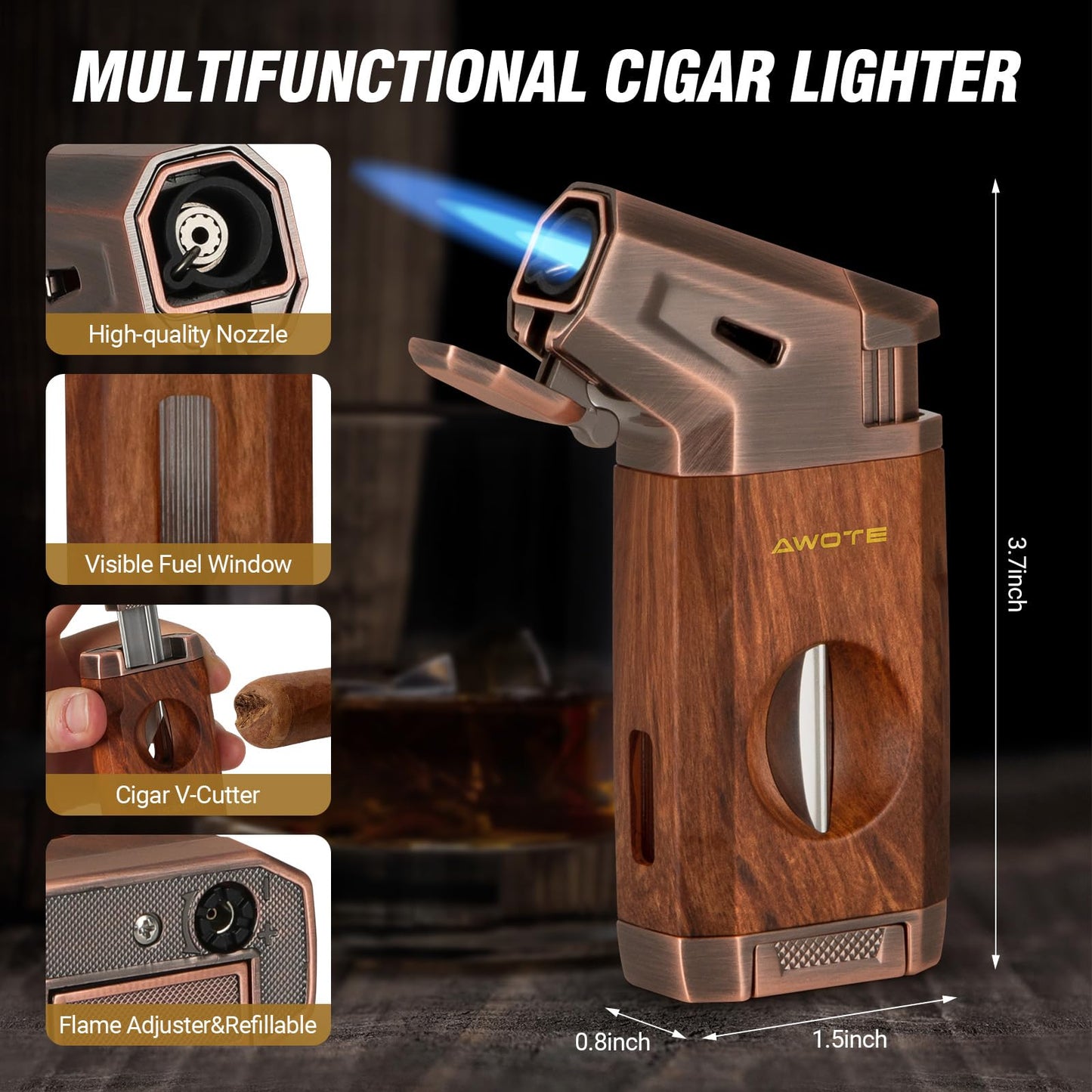 AWOTE Travel Cigar Humidor Case - Cedar Lined, V Cut Cutter, Portable Humidor with Humidifier & Hygrometer, Holds 7-9 Cigars, Includes Lighter - Gift Set