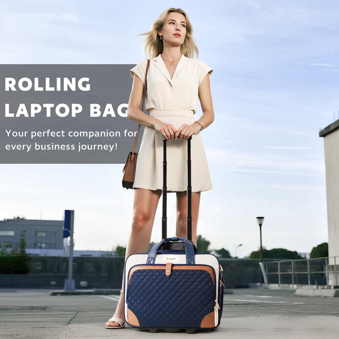Arcoyard Rolling Laptop Bag, Rolling Briefcase for Women with Waterproof Pocket, 16 Inch Computer Bag, Underseat Carry On Luggage with Wheels for Work Travel Business, Lightweight Navy Blue Brown
