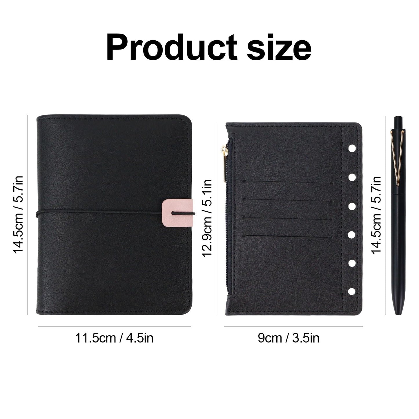 MultiBey A7 Refillable Notebook Planner Cover 6 Ring, Mini a7 Binder Wallet Budget Binder Notebook Folders PU Leather Organizer with Zipper Pockage and Pen, Aesthetic Black Loose Leaf Binder
