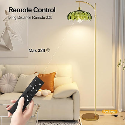 Gold Floor Lamps for Living Room Glass Vintage Floor Lamp with Remote Control,Dimmable Mid Century Modern Standing Lamp with 3 Color Temperature Tall Flower Lamp Brass Floor lamp for Bedroom Corner