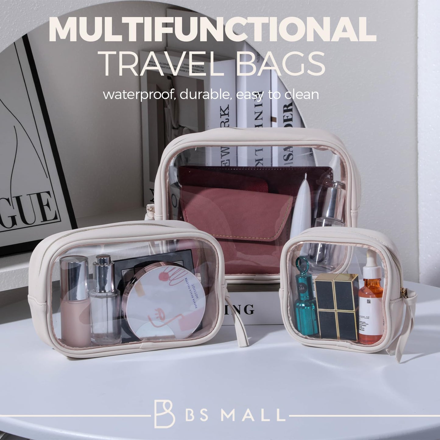 BS-MALL Toiletry Bag Waterproof Makeup Organizer Travel Size Clear - Makeup Cosmetic Organizer Water-resistant Portable Pouch PU Leather Washable Travel Essentials Makeup Bag 3 Pack
