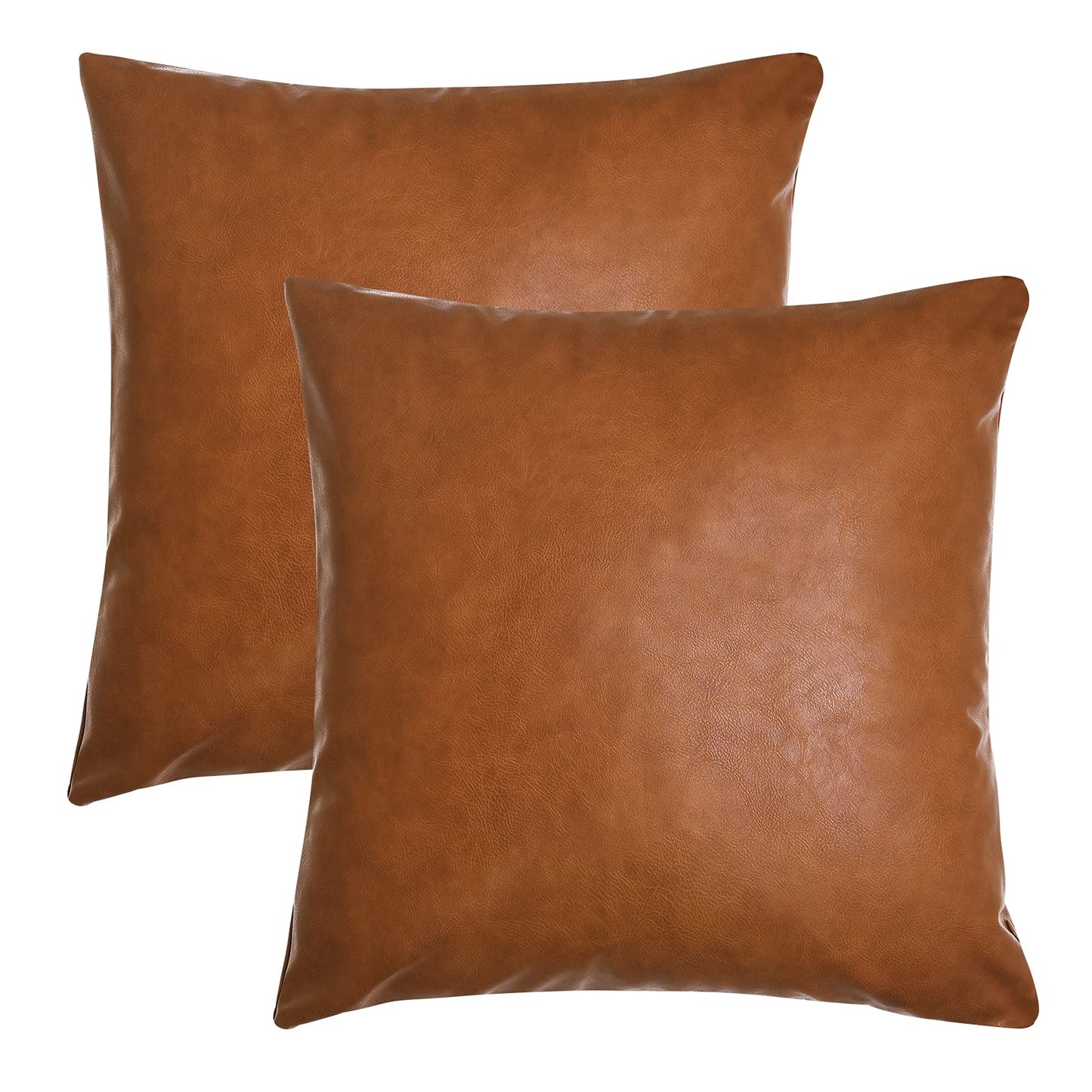 Tosewever Faux Leather Throw Pillow Covers, 18 x 18 inch Set of 2 Luxury Cognac Brown Modern Pillowcases Solid Decorative Square Cushion Cases for Bedroom Living Room Couch Bed Sofa (Brown, 18" x 18")