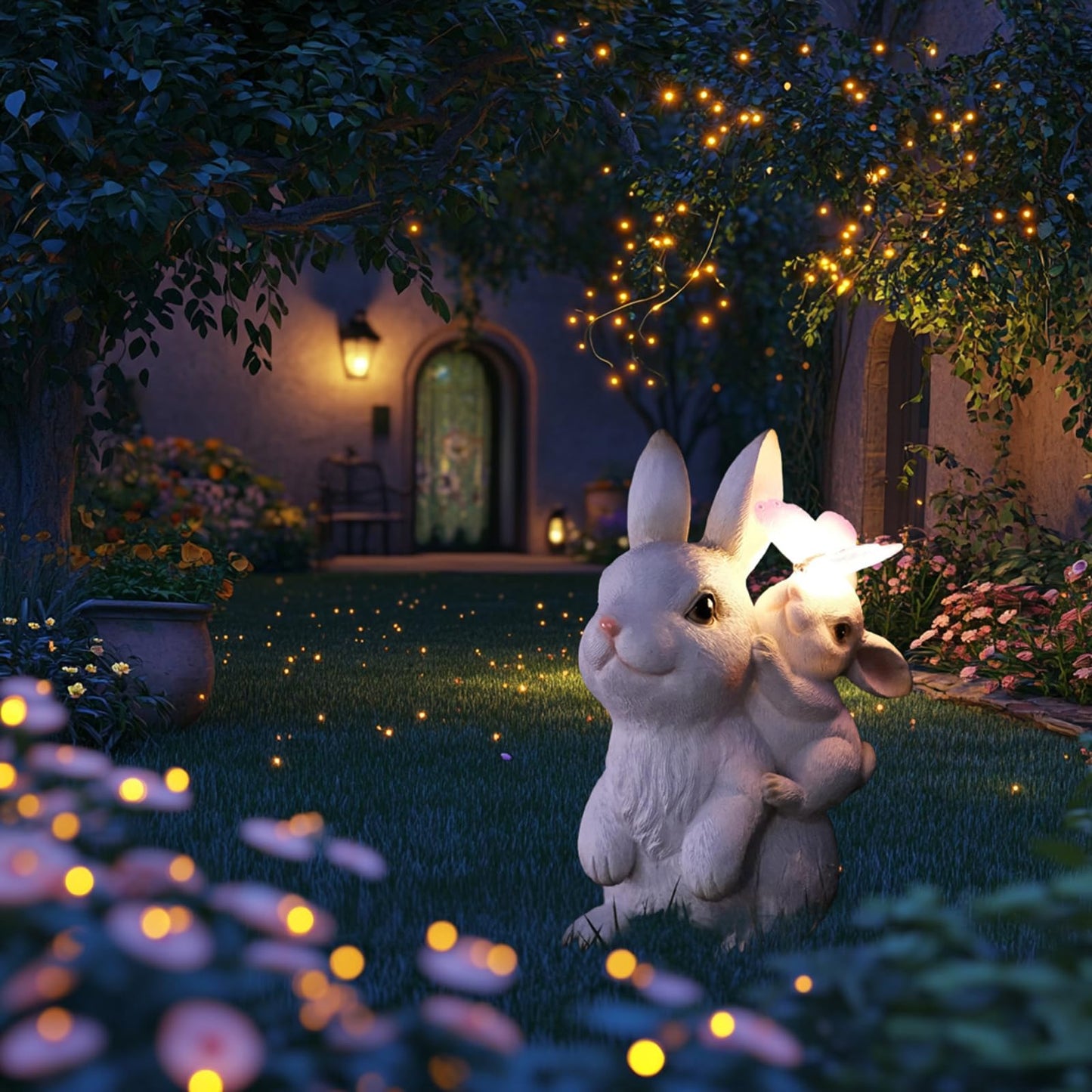 Mothers Day Gifts, Solar Garden Statues Rabbit with Solar Lights, Mother & Baby Bunny Figurine with Butterfly Lights for Yard Art Garden Patio Decor, Easter Birthday Gifts for Women Mom Grandma.