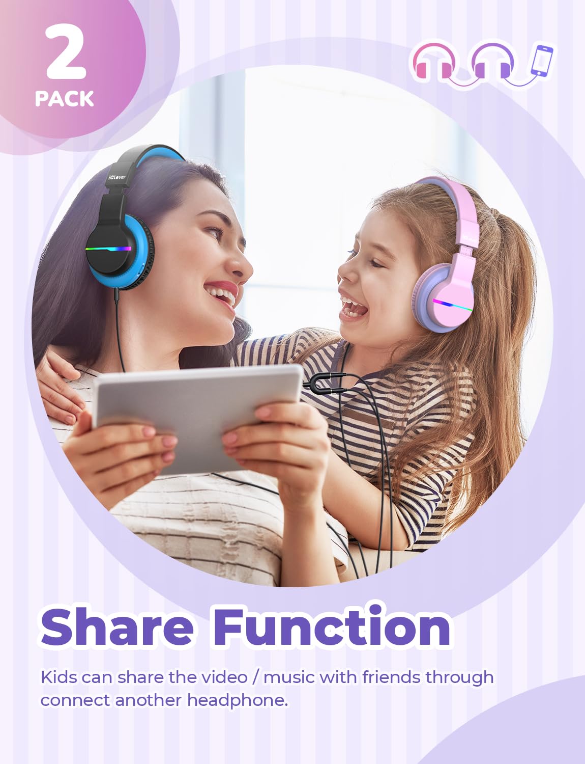 iClever BTH12 Kids Bluetooth Headphones 2 Pack,Colorful LED Lights,74/85dBA Safe Volume,85H Playtime,Bluetooth 5.2,Over Ear Kids Headphones Built-in Mic for iPad/Tablet/Airplane, Pink & Black
