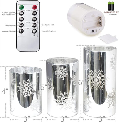 Christmas Flameless Candles Snowflake Electroplate Glass Candle Battery Candle with Timer Remote Realistic Pillar Candle for Xmas Home Decor Holiday Set of 3