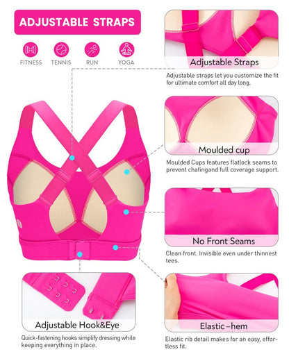 RUNNING GIRL Sports Bras for Women High Support, Adjustable Straps Hook Back Sports Bras for Women with Sewn in Pads_WX3125_Hot Pink_L
