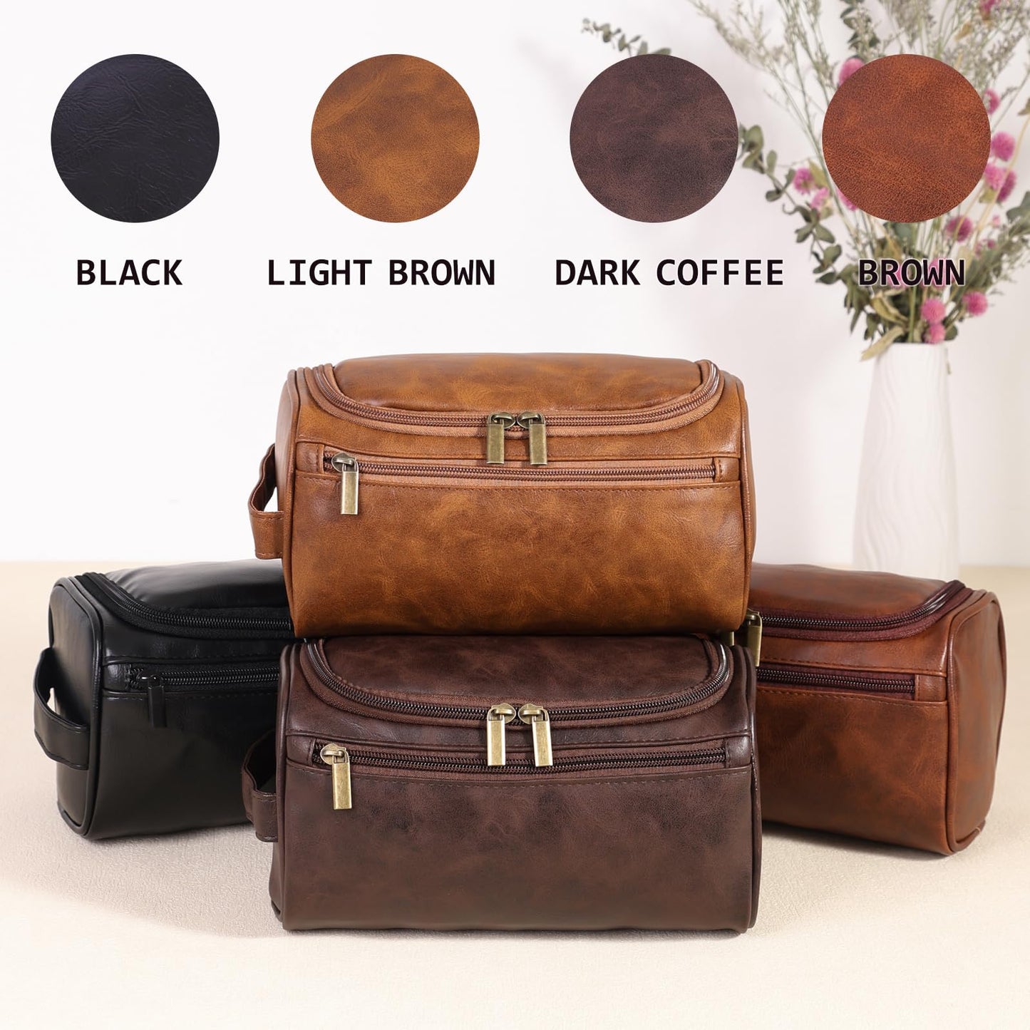 Seozata Toiletry Bag for Men, Hanging Travel Shaving Dopp Kit for Men and Women, Water-resistant Toiletries Organizer Bags, PU Leather Cosmetic Bags for Makeup Accessories (Black)