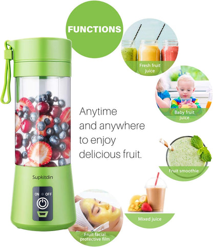 Portable, Personal Mixer Rechargeable with USB, Mini Blender for Smoothie, Fruit Juice, Milk Shakes, 380ml, Six 3D Blades for, 9.12x3.25x3.25 inch, Green
