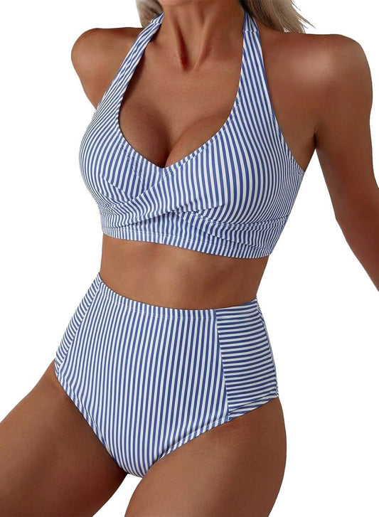 Herseas Women's High Waisted 2-Piece Bikini Set - Striped Halter Swimsuit for Resort Wear | Stylish Patch Pocket Design