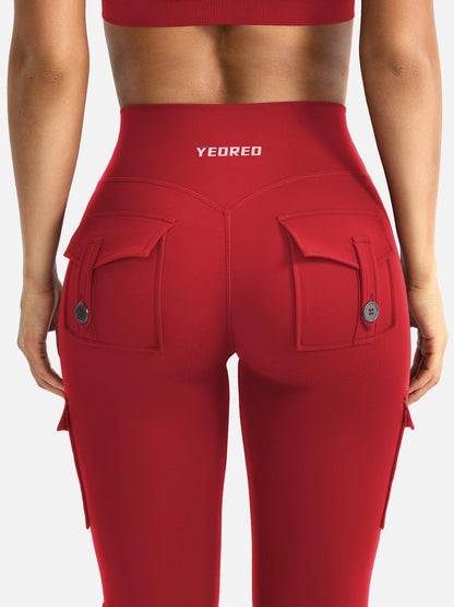 YEOREO CoreFlex Women Workout Flare Leggings with Pockets Scrunch Cargo Gym Yoga Leggings 28" Inseam Red M