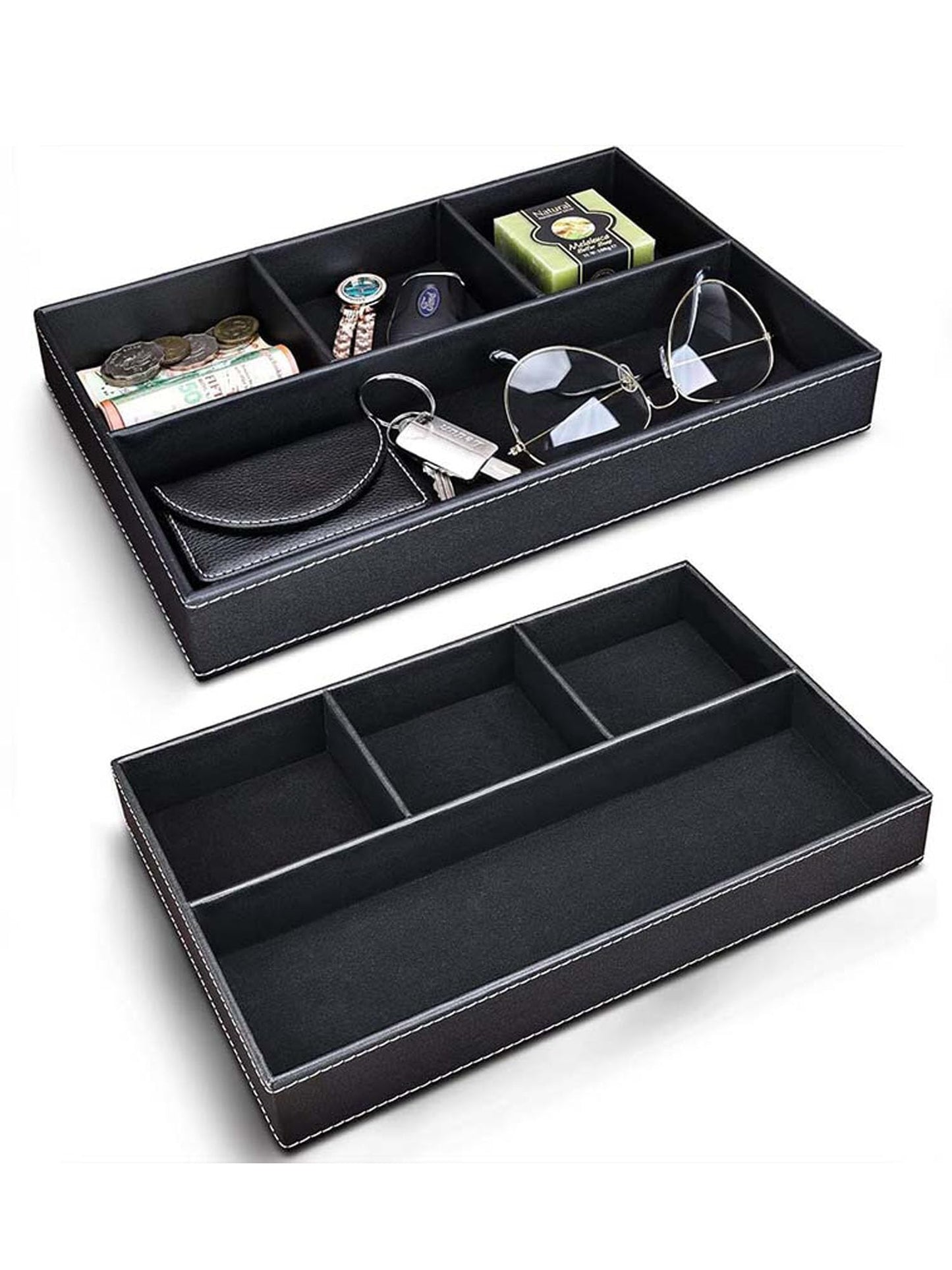 2 Pack Nightstand Drawer Organizer, Faux Leather Valet Tray for Men Women Stackable Jewelry Organizer for Drawers Caddy Tray for Key, Wallet, Watch, Sunglass, Coin, Phone, Bedside Desk-top Storage