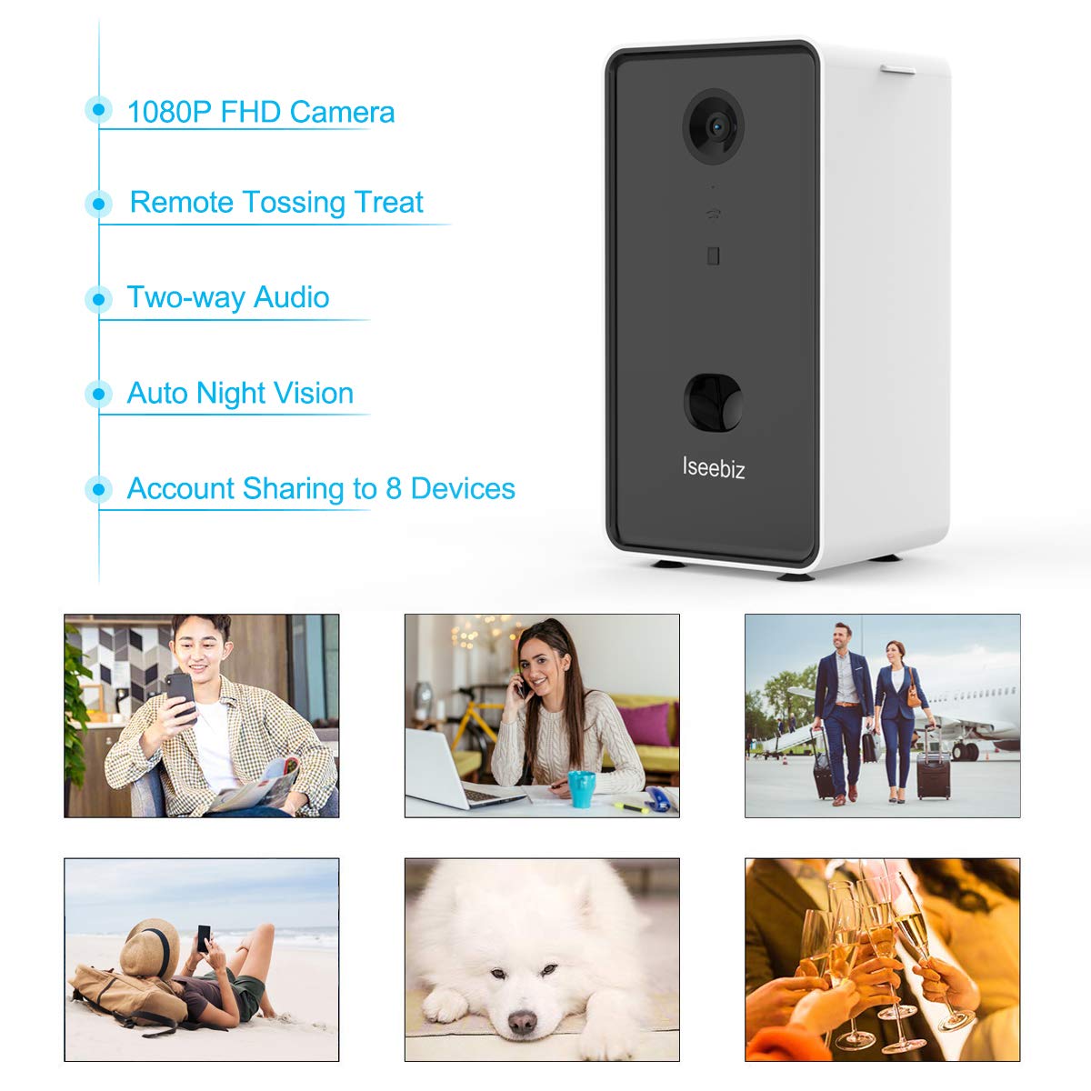 Iseebiz Pet Camera Treat Dispenser, 2 Way Audio Talk Listen, 5G WiFi, 1080P Night Vision Cat Dog Cam, App Control Tossing, Multi Devices Login, Compatible with Alexa, Play with Your Dogs and Cats