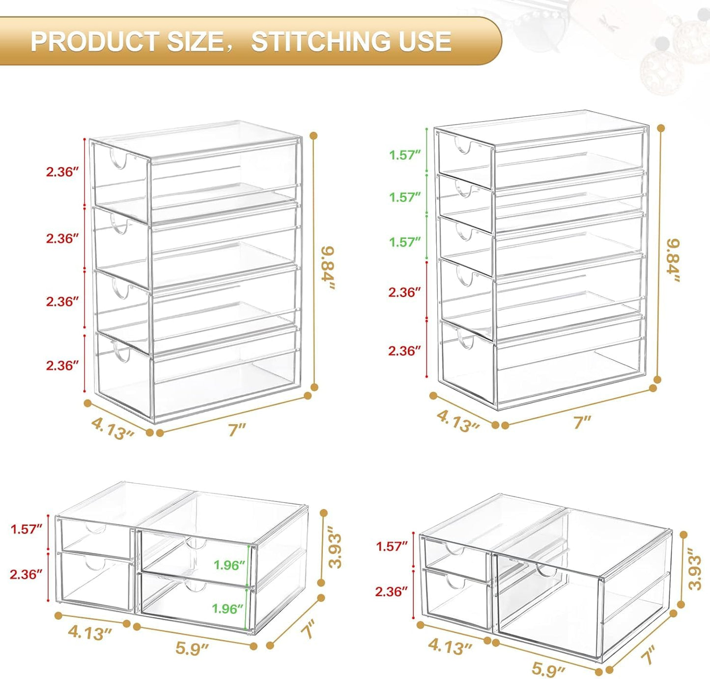 caktraie Makeup Organizer Storage With 16 Drawers, 4 Pcs Desktop Office Supplies, Desk Organizers, Clear Accessories, Dustproof Storage Drawer and for Make Up, Jewelry, Pen, Stationary