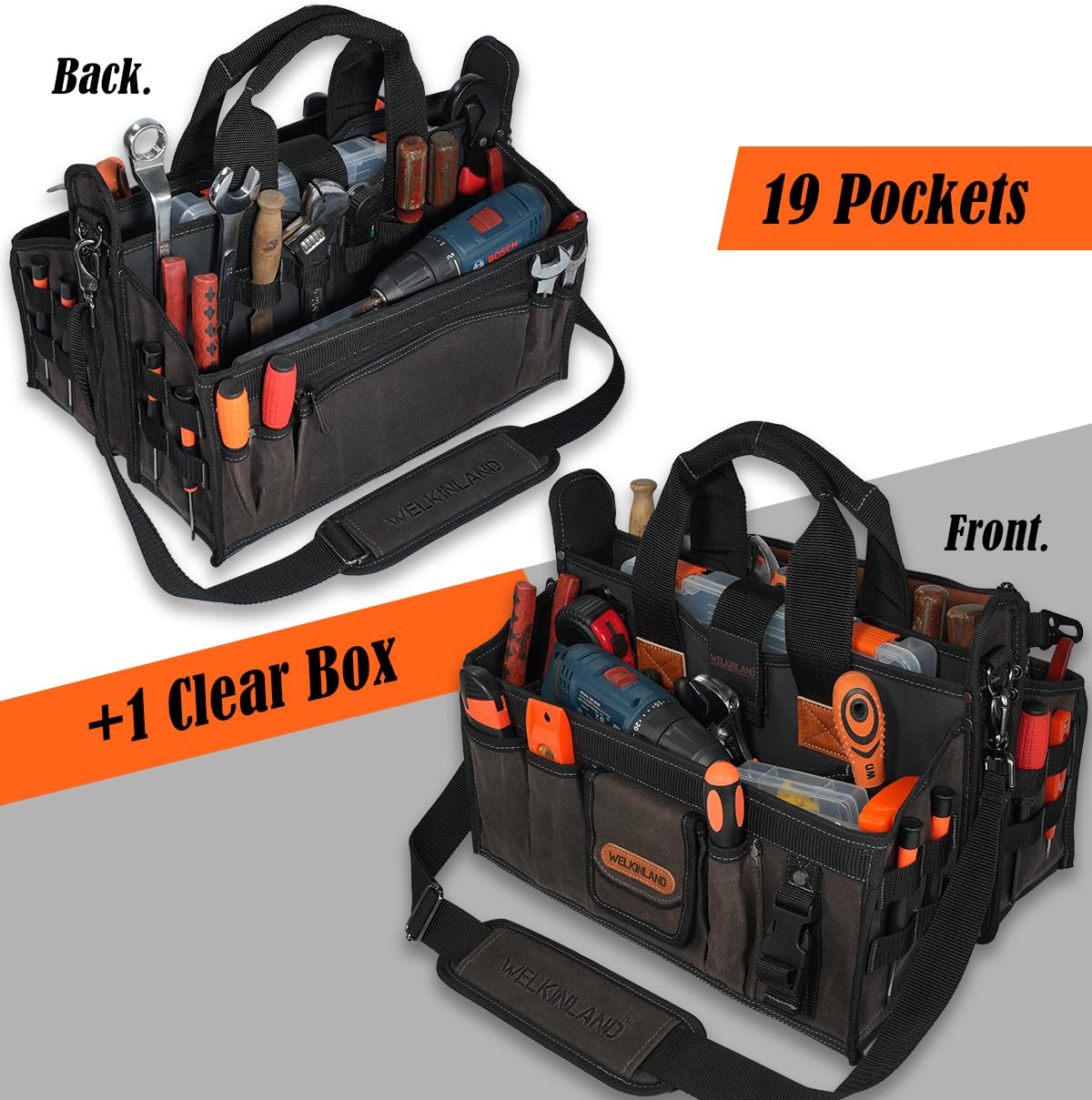 WELKINLAND 20-Pockets Electrician Tool Tote, 16"-Wide Open Top Tool Tote, Waxed-Canvas Electrical Tools Bag, Heavy-Duty Tool Bags For HVAC Tech, Stay-Up Technician Tool Bag