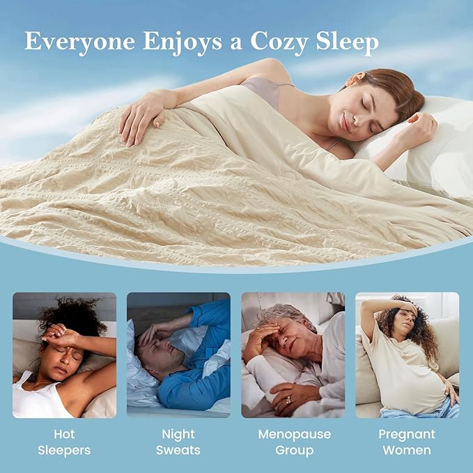 Cozy Bliss Cooling Comforter Seersucker Plaid Full, Q-Max 0.4 Reversible Lightweight Cooling Blanket, Breathable Silk Smooth Summer Bedding Quilt for Hot Sleepers Night Sweats Khaki