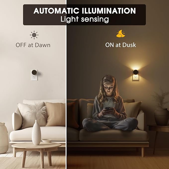 Night Lights Plug into Wall [2 Pack], Dusk to Dawn Sensor Nightlight, Brightness Adjustable, 3000K Soft White, Dimmable Plug in Night Light for Bedroom, Hallway, Stairs, Kitchen