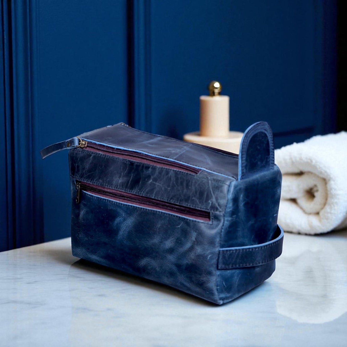 PRASTARA Leather Toiletry Bag for Men, Travel Essentials Shaving Dopp Kit Bathroom Shower Toiletries Organizer, Cosmetic Make up Bag for Women (Navy Blue)