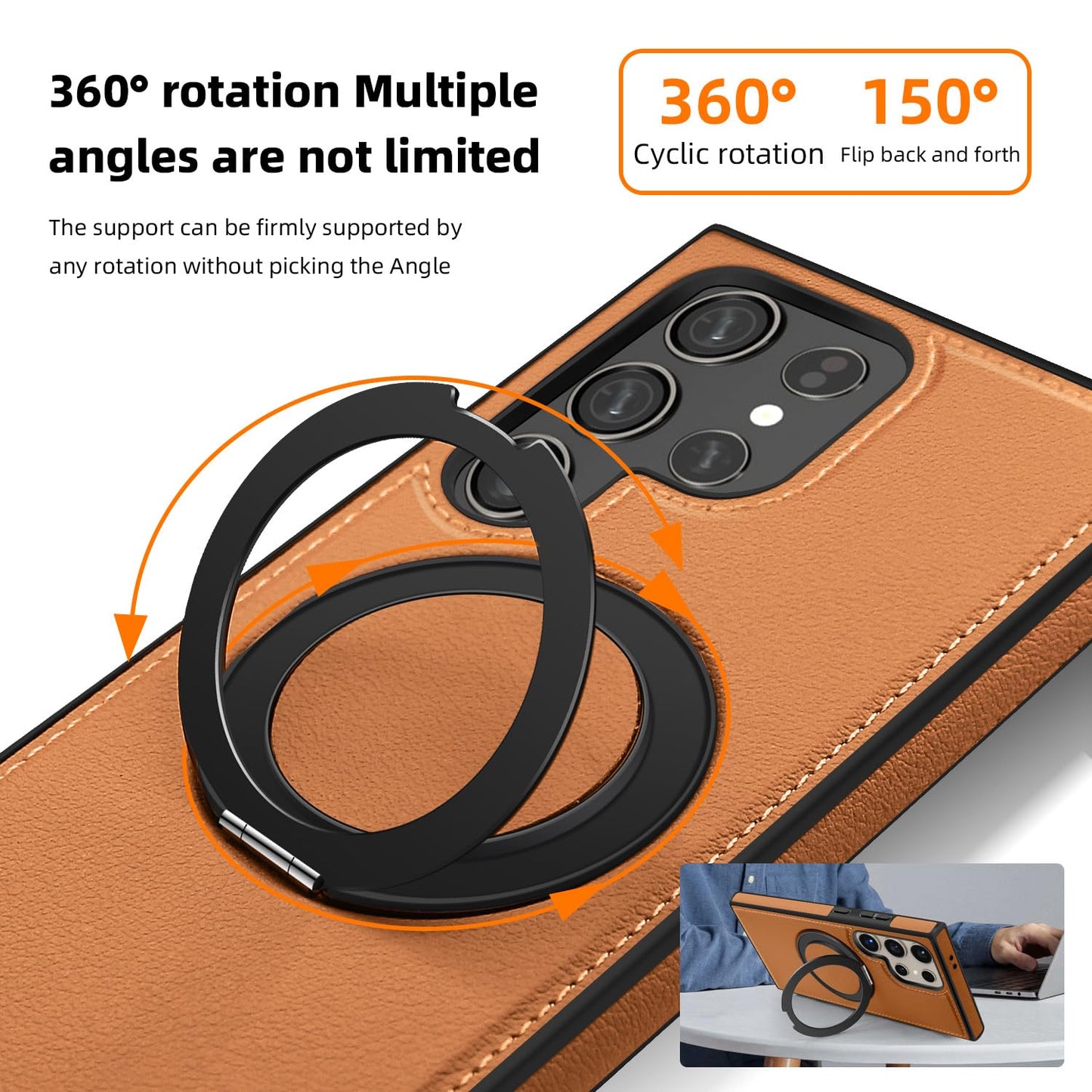 Newhalper Magnetic PU Leather Case Fit for Samsung Galaxy S24 Ultra [Compatible with MagSafe][360-Degree Rotatable Ring Stand & Kickstand] Phone Cover for Samsung S24 Ultra (Brown)