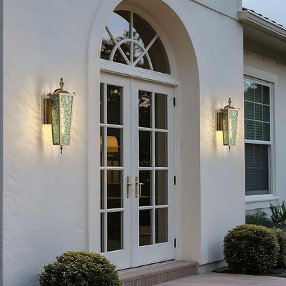Outdoor Wall Light,Vintage Gold E26 Base 16.7in - Exterior Waterproof Lantern Metal with Green Glass,Farmhouse Porch Sconce Wall Mount Lighting,for Garage,Patio,Front Door,Entryway
