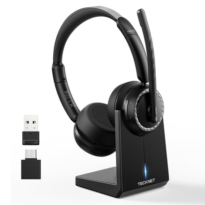 TECKNET Wireless Headset, 5.3 ENC Bluetooth Headset with Microphone, Computer Headset Rechargeable, USB Dongle, Charging Base, On-Ear Headphones for Trucker/Remote Work/Call Center