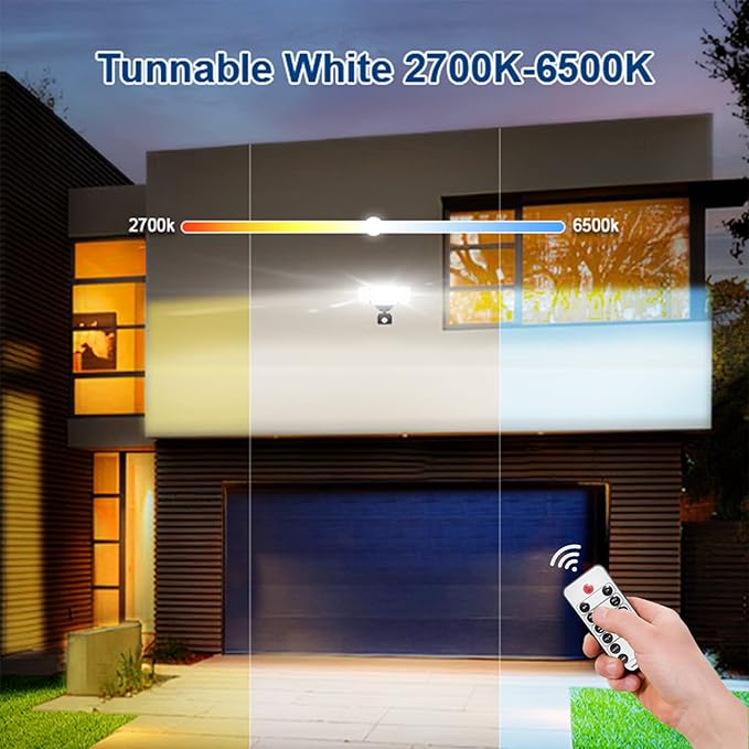 EMANER Outdoor Security Light Remote Control, Dusk to Dawn 280W Equiv. Motion Sensor Floodlight, Keep On or Motion Activated, Tunable White, 110V Dimmable Wall Light for Garage (Black, 1-Pack)