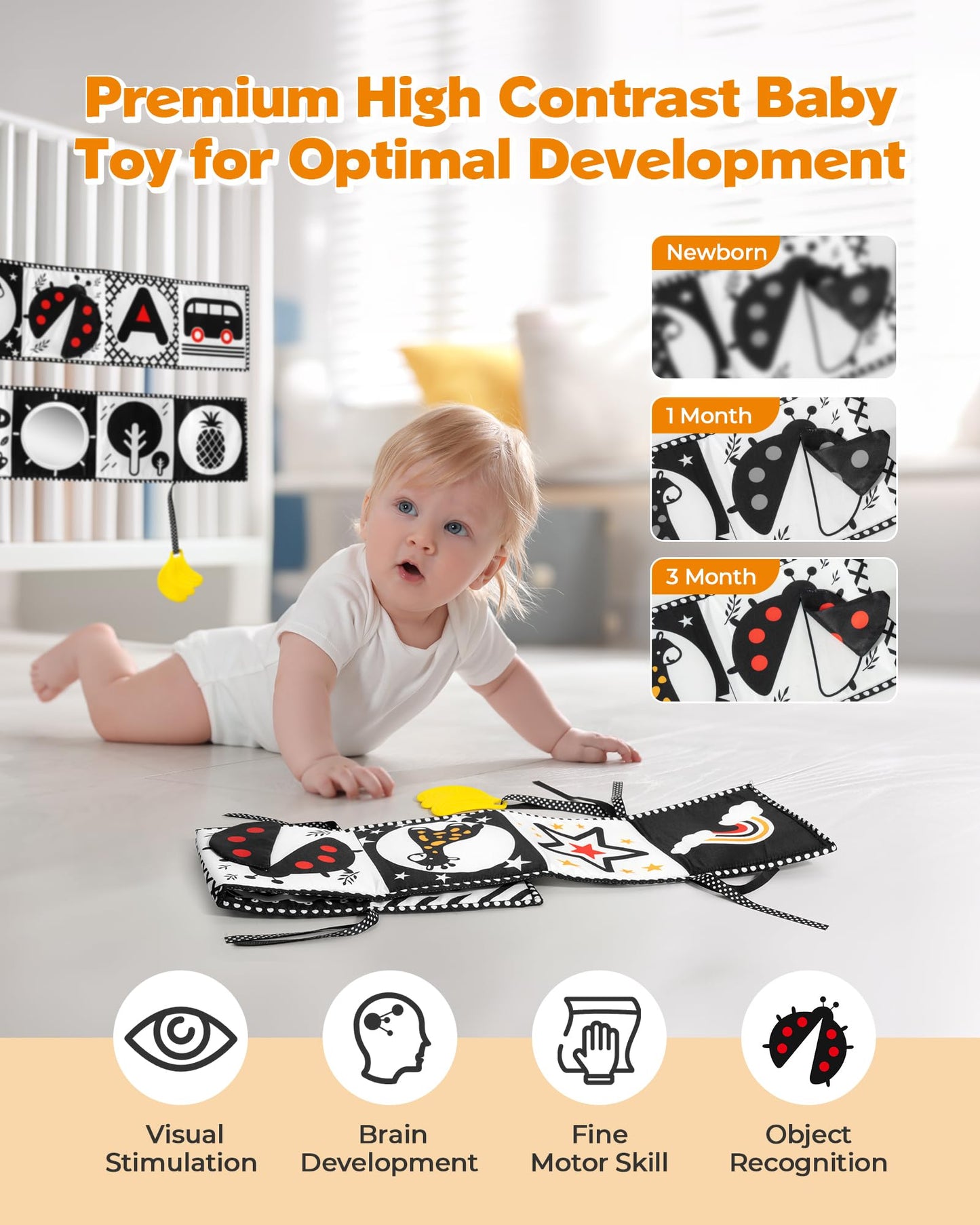 Melican Black and White High Contrast Baby Toys 0-6 6-12 Months, Soft Book with Teether, Newborn Infants Tummy Time Toys, 0-3 3-6 Month Sensory Visual Stimulation, Montessori Learning Essentials