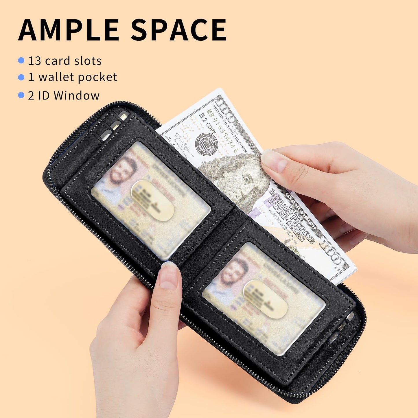 LATKWO Men’s RFID Blocking Zipper AirTag Wallet with 2 ID Windows - Large Capacity Design, 13 Credit Card Slots |Durable Men’s Accessories Secure Holder for Apple Air Tag (Black)