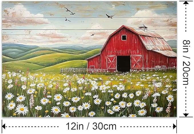 Yesad Country Red Barn Pictures, Daisy Canvas Wall Art Wildflower Meadow Poster Flower Print Rustic Farmhouse Decor Barn Painting Wall Decor Home Decoration for Living Room (Unframed,12"x8",Barn2)