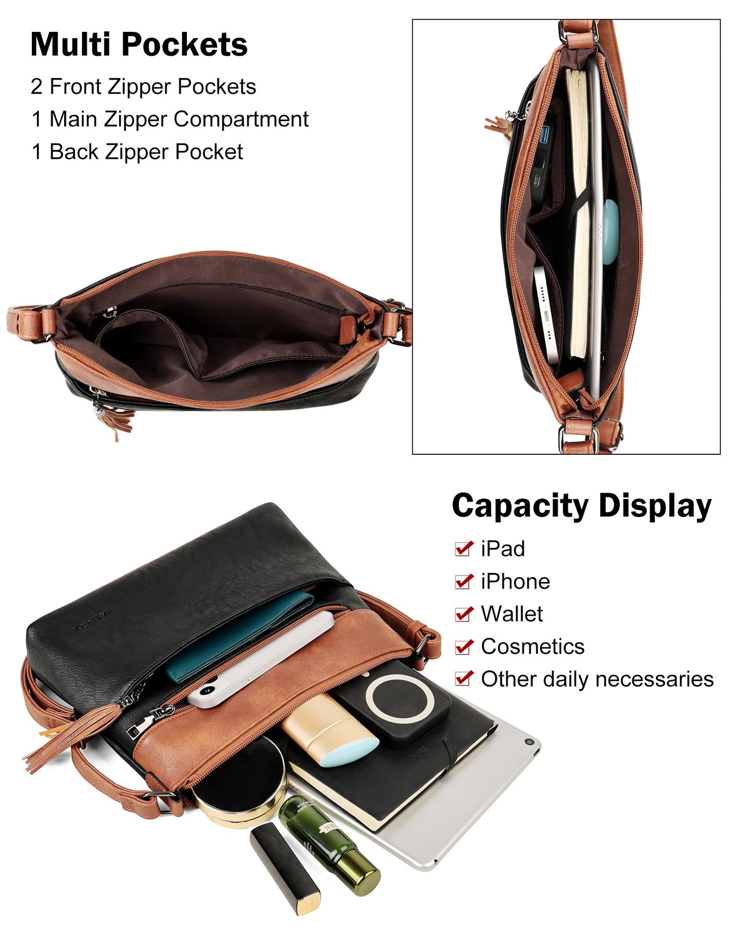 MASINTOR Crossbody Bags for Women, Lightweight Medium Crossbody Purse, Soft Leather Women's Shoulder Handbags with Tassel for Shopping or Travel