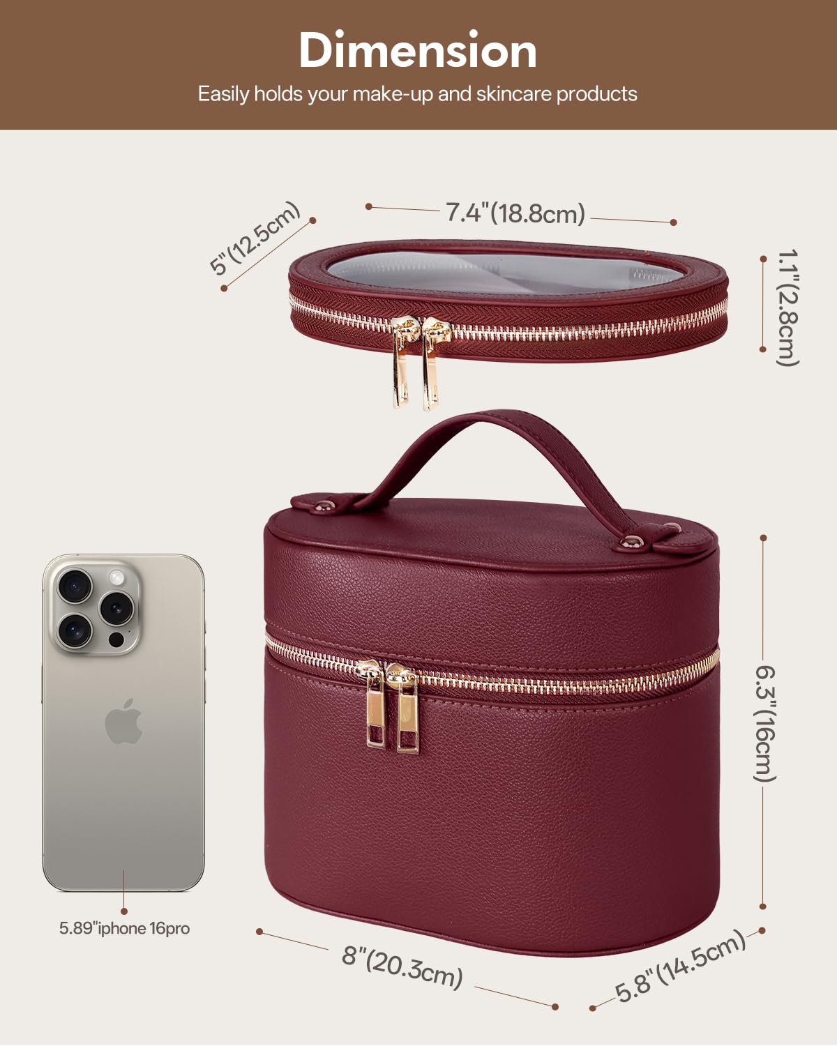 Prite Makeup Bag Travel Cosmetic Case with Clear Toiletry Pouch and Removable Divider, Vegan Leather Organizer for Women