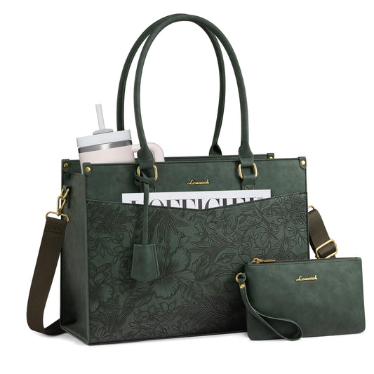 LOVEVOOK Vintage Laptop Tote for Women 15.6 inch, 2-in-1 Leather Structured Briefcase with compartments and Clutch, Large Capacity Waterproof Multi Pocket Tote Bag, Green