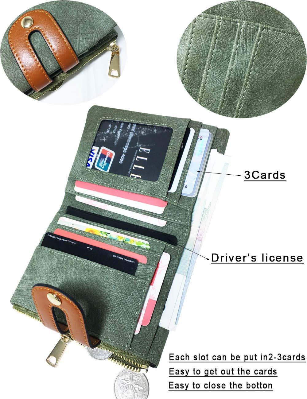 AOXONEL Women's Rfid Small Bifold Leather Wallet Ladies Mini Zipper Coin Purse id card Pocket,Slim Compact Thin (Green)