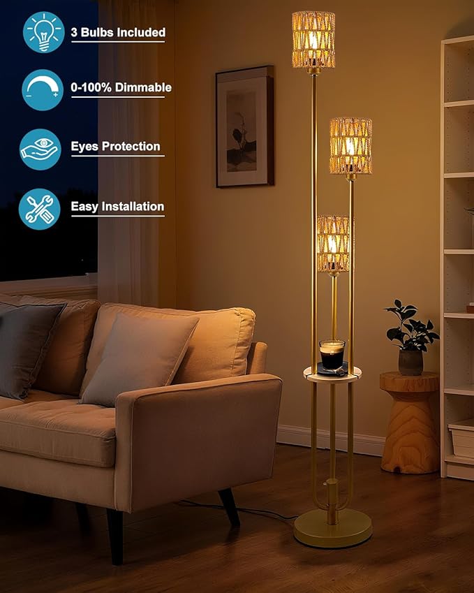 Lightdot Dimmable Boho Floor Lamps with Table, 3-Lights Rattan Floor Lamp with Shelves, 3000K Warmwhite Candle Holder Style Farmhouse Floor Lamp, Rustic Gold Standing Lamp for Living Room Bedroom