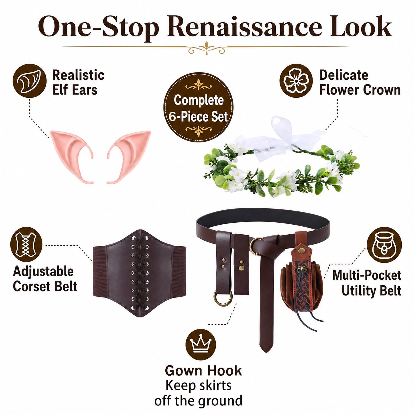 BAROROBA Renaissance Accessories for Women, Medieval Ren Faire Corset Belt Pouch Headpiece Ears Pirate Waist Corset Halloween Viking Cosplay Set