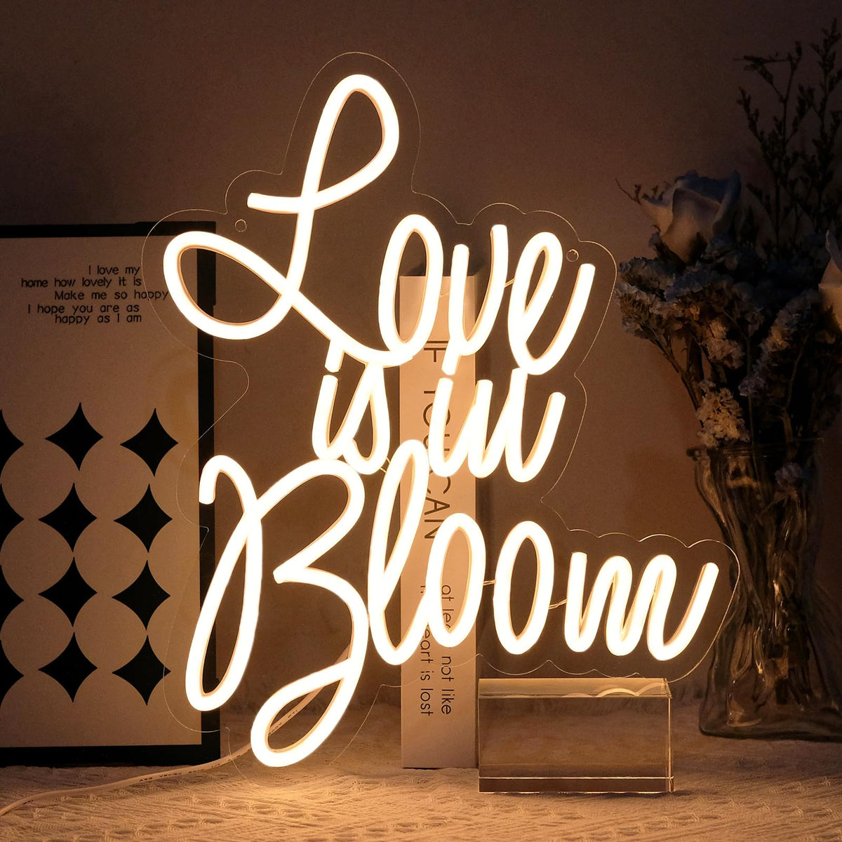 Virlusy Love is in Bloom Neon Sign for Wall Decor Dimmable Led Lights Signs Letters Signs for Bridal Shower Warm White Neon Light Room Decor for Wedding Engagement Christmas Party Gift 12.8*15.16 in