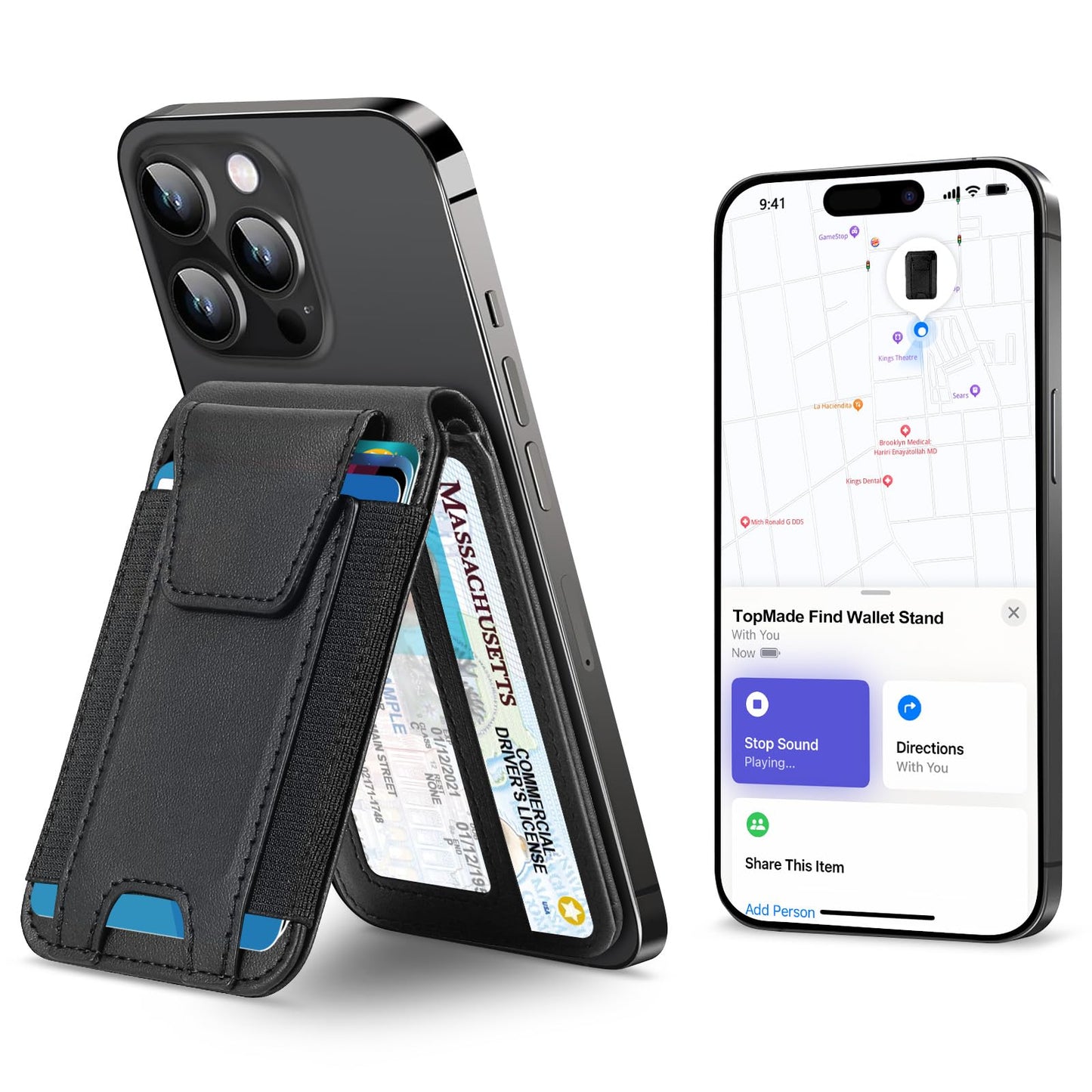TopMade for Magsafe Wallet, Works with Apple Find My, Strongest Magnetic Wallet for iPhone 17/16/15/14/13/12 Series, Magnetic Card Holder with Adjustable Stand, RFID Blocking, 9 Cards Holder, Black