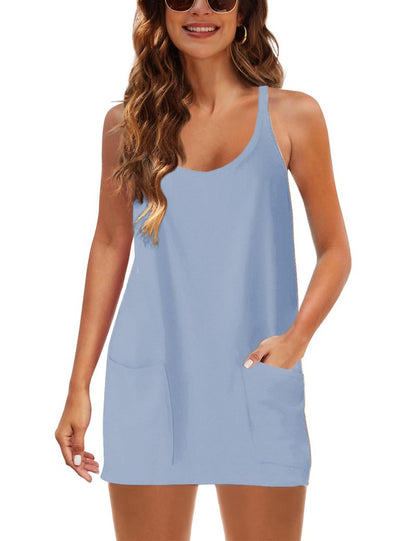 Lentta Womens Athletic Sleeveless Mini Dress with Built-in Shorts V Neck Spaghetti Strap Sundress(OxygenBlue-S)