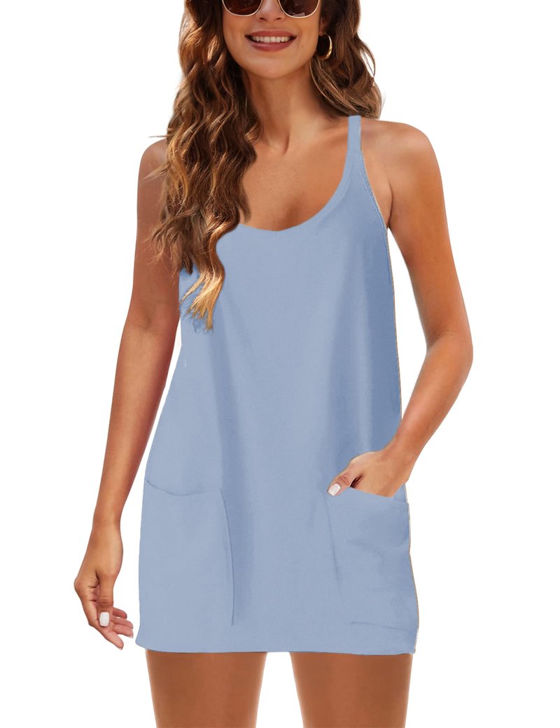 Lentta Womens Athletic Sleeveless Mini Dress with Built-in Shorts V Neck Spaghetti Strap Sundress(OxygenBlue-L)