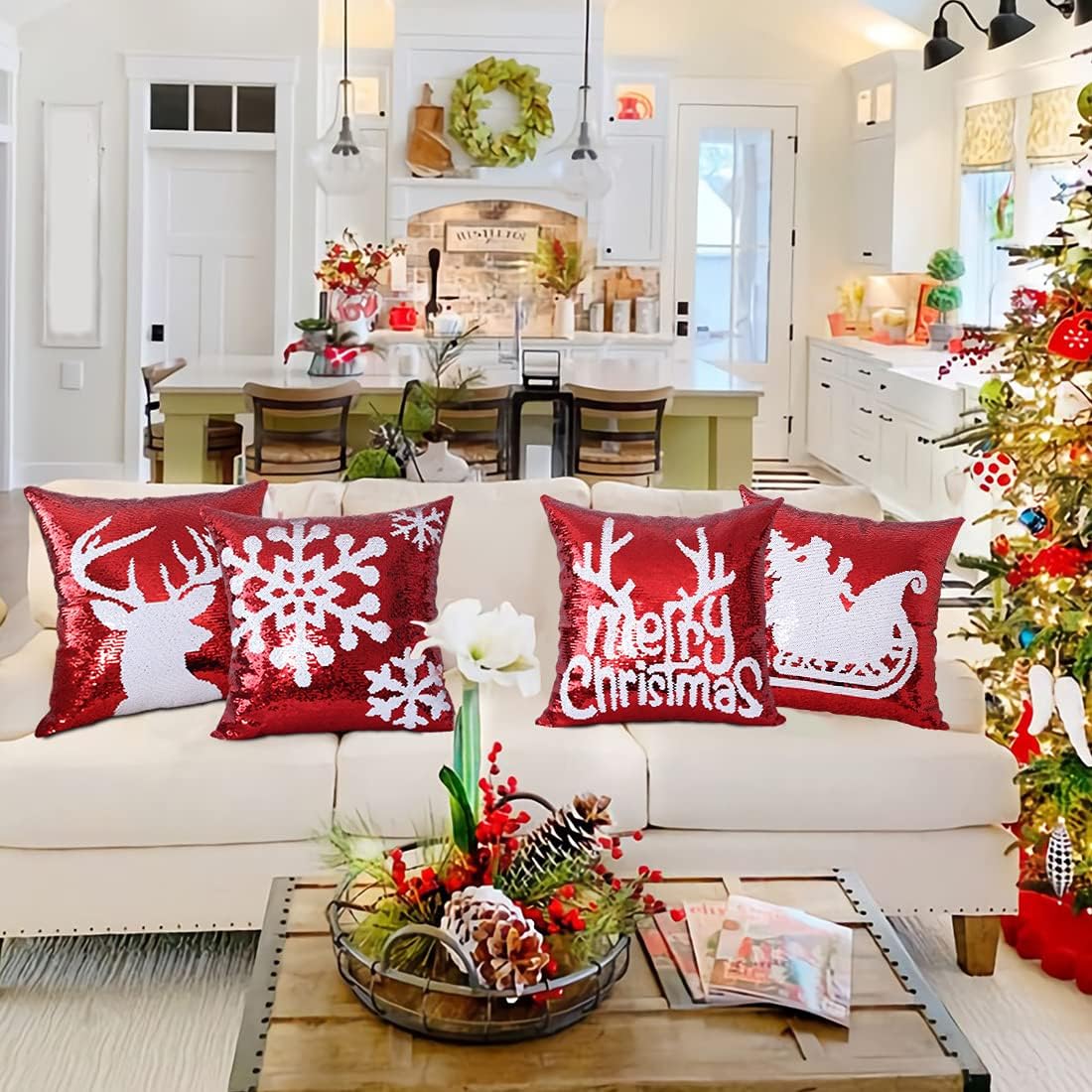 Gujiahone Bling Christmas Sequin Pillow Covers 18 x 18 Inches Set of 4 Red Reversible Sequins Pillow Case Magic Mermaid Throw Decorative Xmas Cushion Cover for Couch