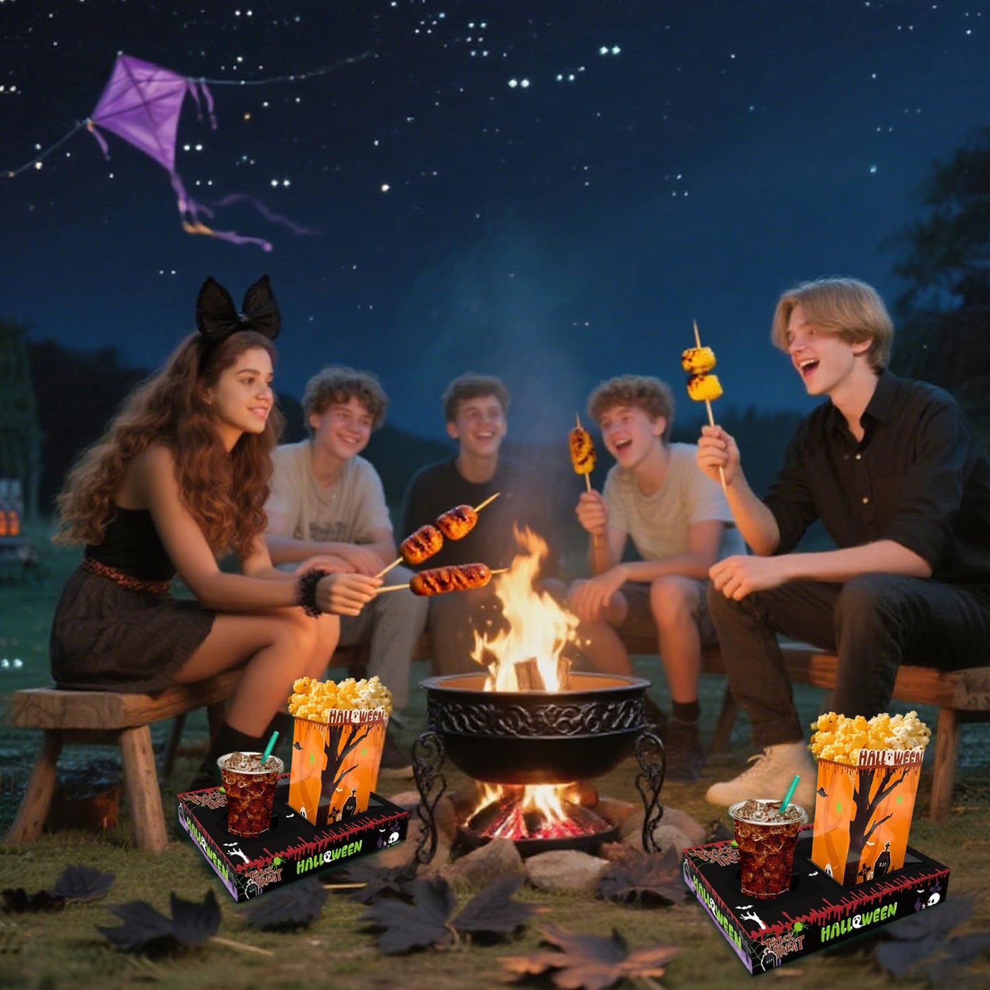 Movie Night Supplies(24pcs)-Neon Style Movie Night Snack Trays*12+Popcorn Buckets*12,Kid's Birthday Party,Game Night,Movie Night Snack Trays with Popcorn Bags. (Horror theme)