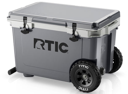RTIC 52 Quart Ultra-Light Wheeled Hard Cooler Insulated Portable Ice Chest Box for Beach, Drink, Beverage, Camping, Picnic, Fishing, Boat, Barbecue, 30% Lighter Than Rotomolded, Dark Grey & Cool Grey