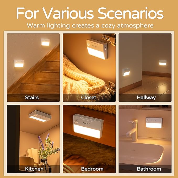 4 Pack Motion Sensor Night Light, Rechargeable Stair Lights Indoor, Warm White Motion Sensor Light Indoor, Battery Operated Night Light for Hallway, Stairway, Bathroom, Bedroom, Kitchen