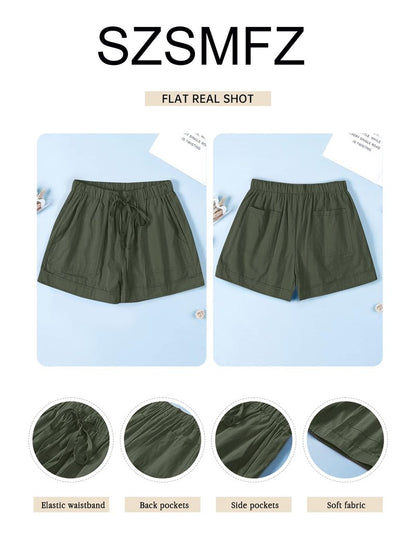 SZSMFZ Womens Elastic Waist Casual Drawstring Shorts Summer Beach Shorts Lightweight Athletic Shorts Comfy Short Pants with Pockets(1-Army Green,Medium)