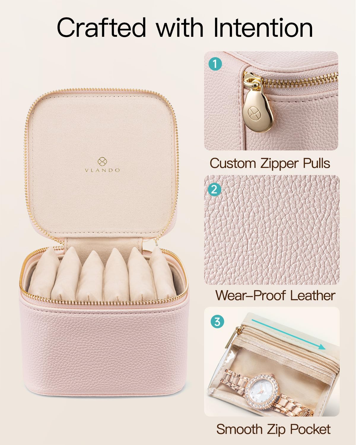 VLANDO Gifts for Teachers,Jewelry Box with 6 Velvet Jewelry Bags Travel Jewelry Storage for Women Girl Jewelry Organizer Necklace Rings Earrings Bags Gifts for Women(Pink)