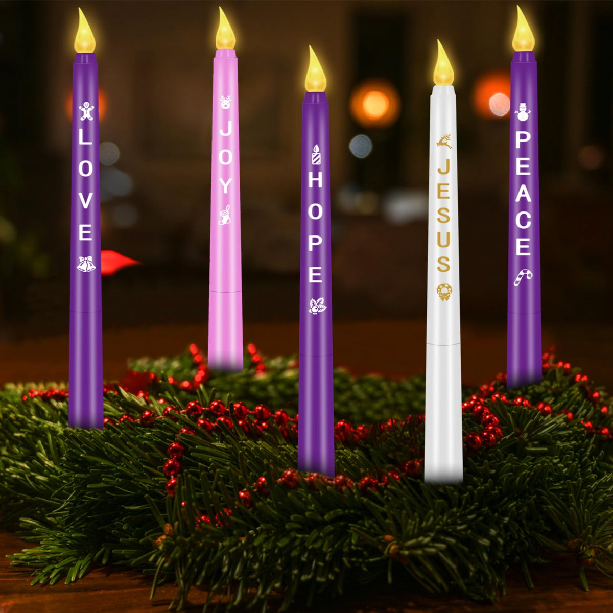 RGQSUN LEDs Flameless Advent Candles Sets of 5 Christmas Advent Candles Battery Operated Flickering Flameless Taper Candle for Christmas Wreath Advent Decor(Battery is not Included)